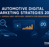 Banner image for blog titled 'Automotive Digital Marketing Strategies 2025' featuring a sleek blue background with icons for SEO, Google Ads, and Meta Ads, along with silhouettes of a car and a motorcycle and the ImagineInk Marketing Solutions logo.