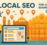 Jaipur skyline with local SEO map markers and AI icons