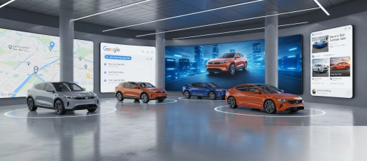 Indian car and bike dealership digital marketing showing SEO, Google Ads, Meta Ads with ImagineInk branding.