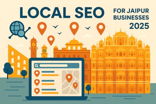 Jaipur skyline with local SEO map markers and AI icons