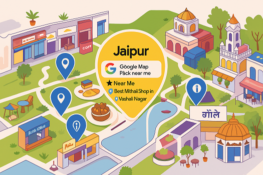 Jaipur city map showing local businesses ranking in Google Map Pack with pins, reviews, and “near me” search highlights for 2025.