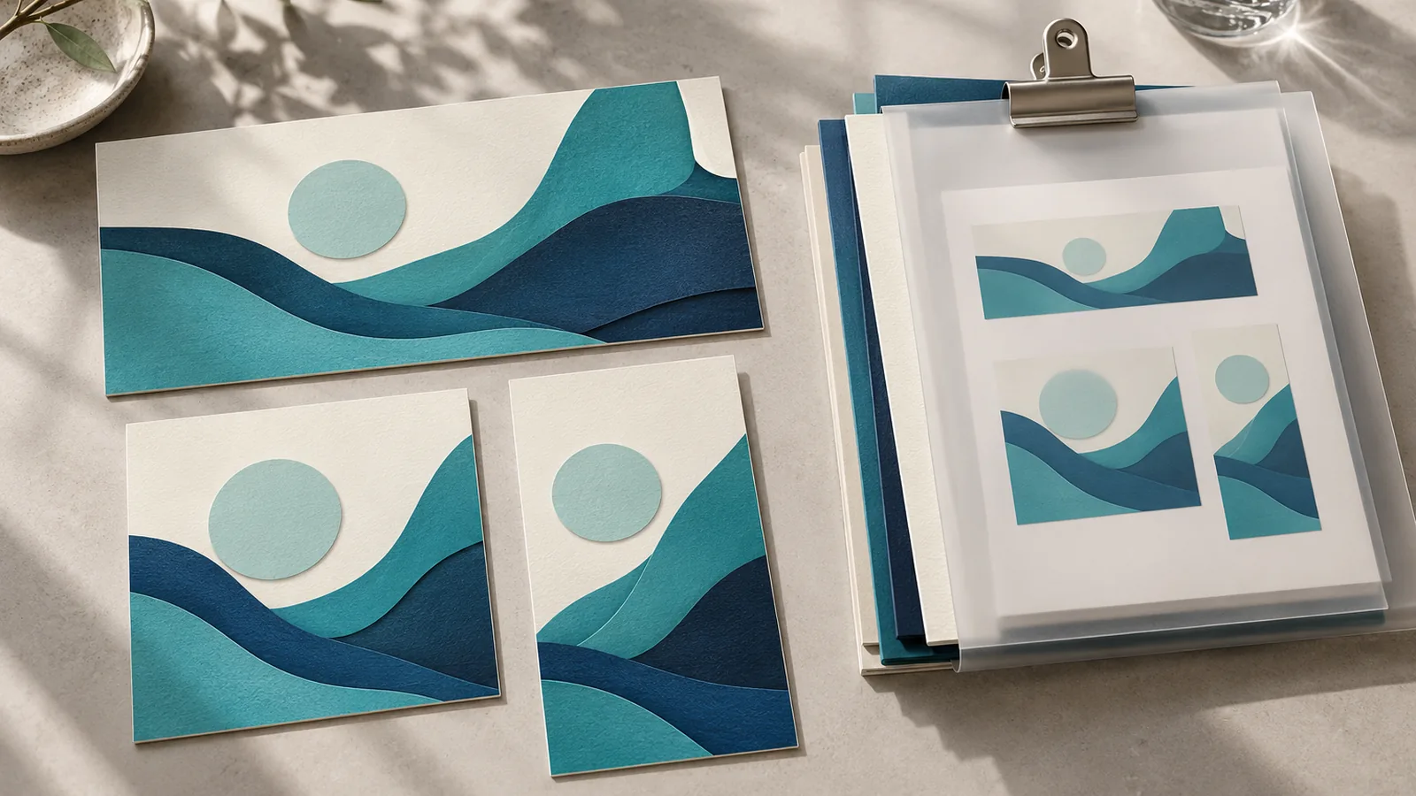 Paid ad creative handoff concept with matching landscape, square and portrait designs beside source folders