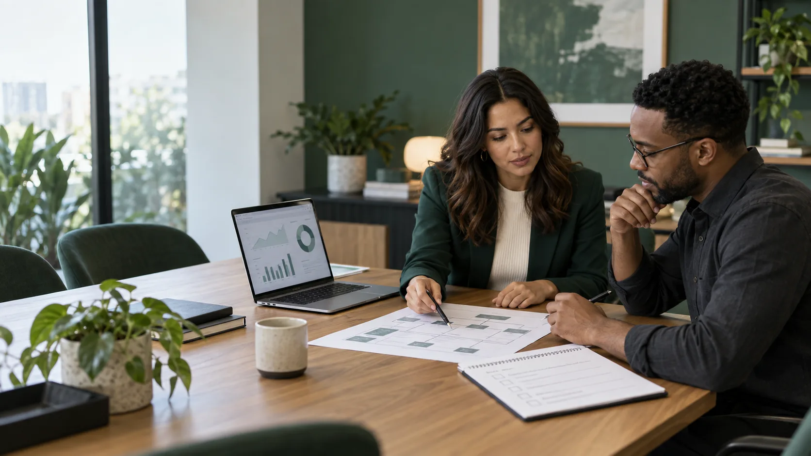 Business owner and SEO consultant reviewing a website strategy brief and analytics