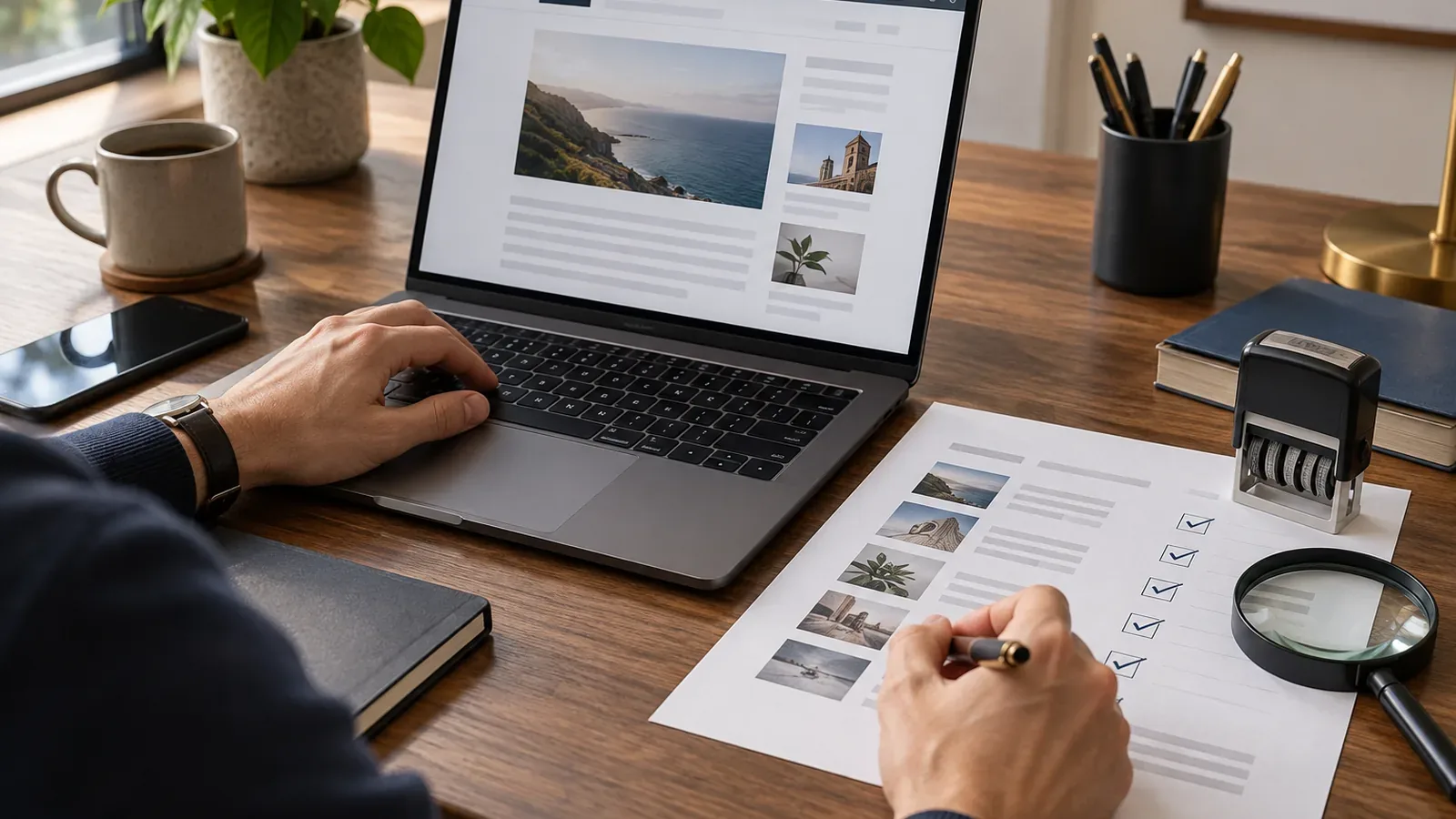 Marketing strategist reviewing a backlink placement acceptance record before approval